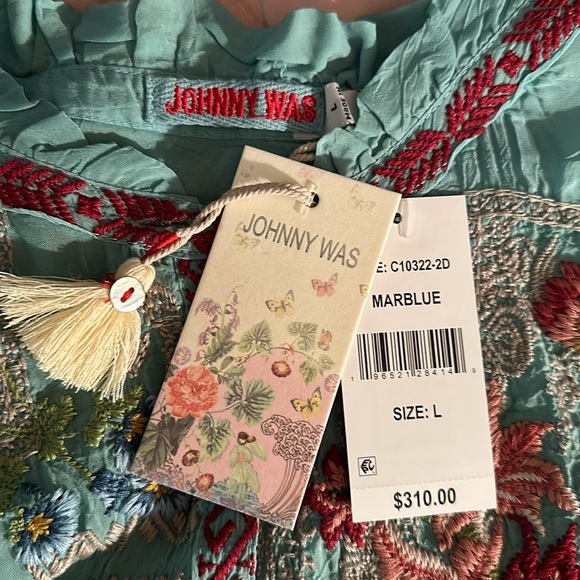 JOHNNY WAS Allbee Embroidered Floral Geometric Print Ruffle Scallop Hem Blouse - Picture 10 of 11